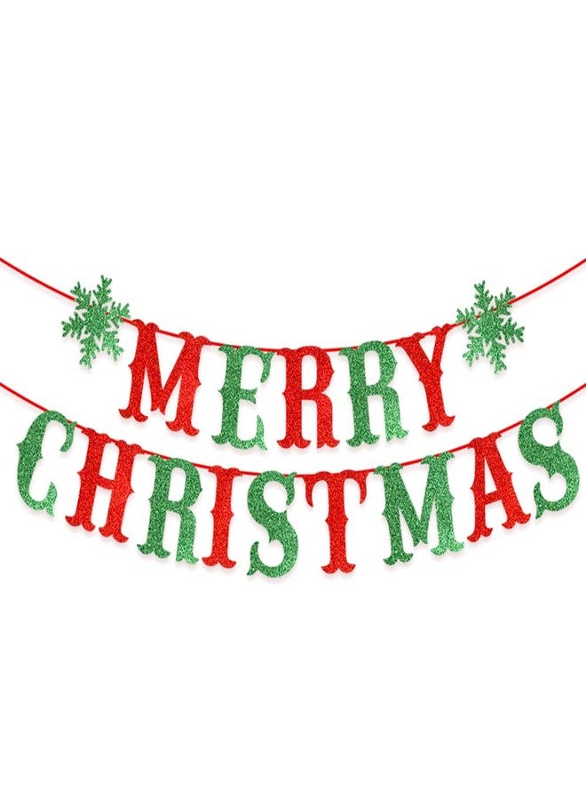 Yahpetes Merry Christmas Banner Glitter Red and Green Xmas Sign with Snowflake Decorations Bunting Garland Snowflake Party Supplies Set for for Home Fireplace Decor - Image 1